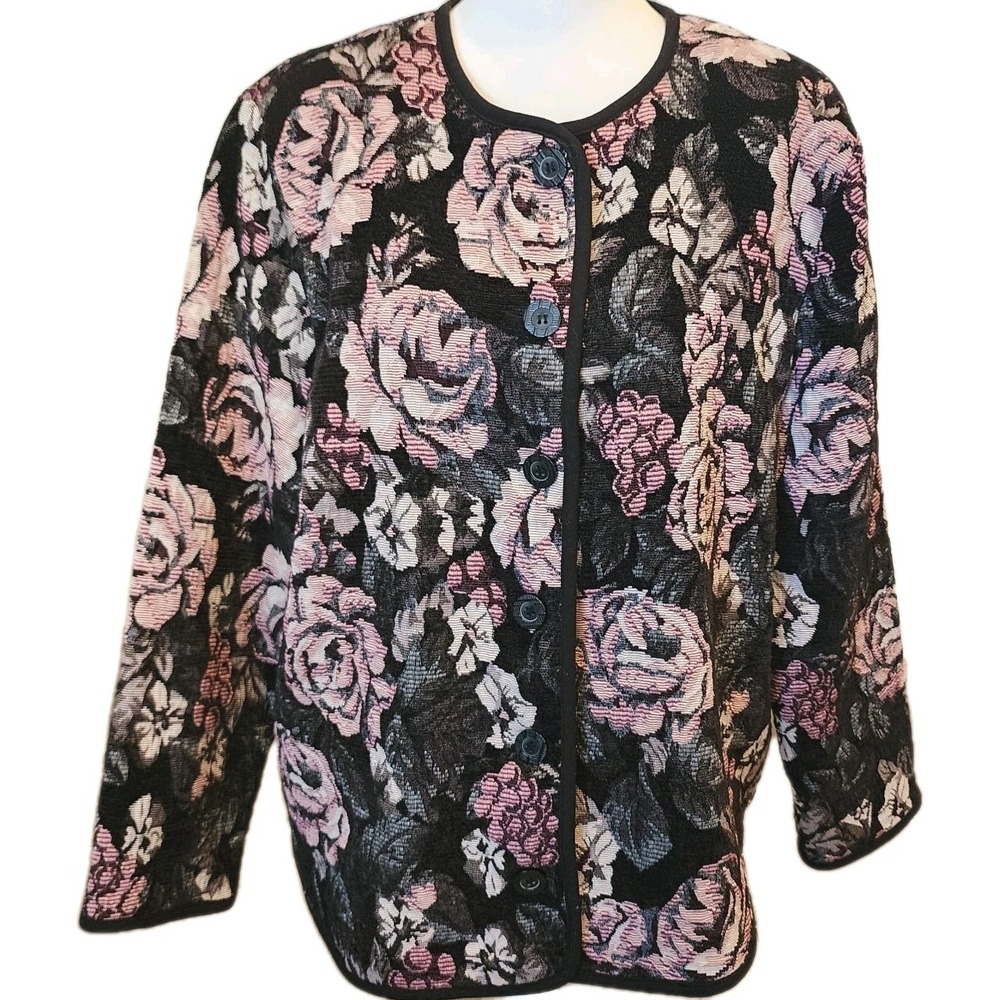 Dressbarn‎ Tapestry Jacket Blazer Womens 18 Black Pink Casual Career Grandmacore